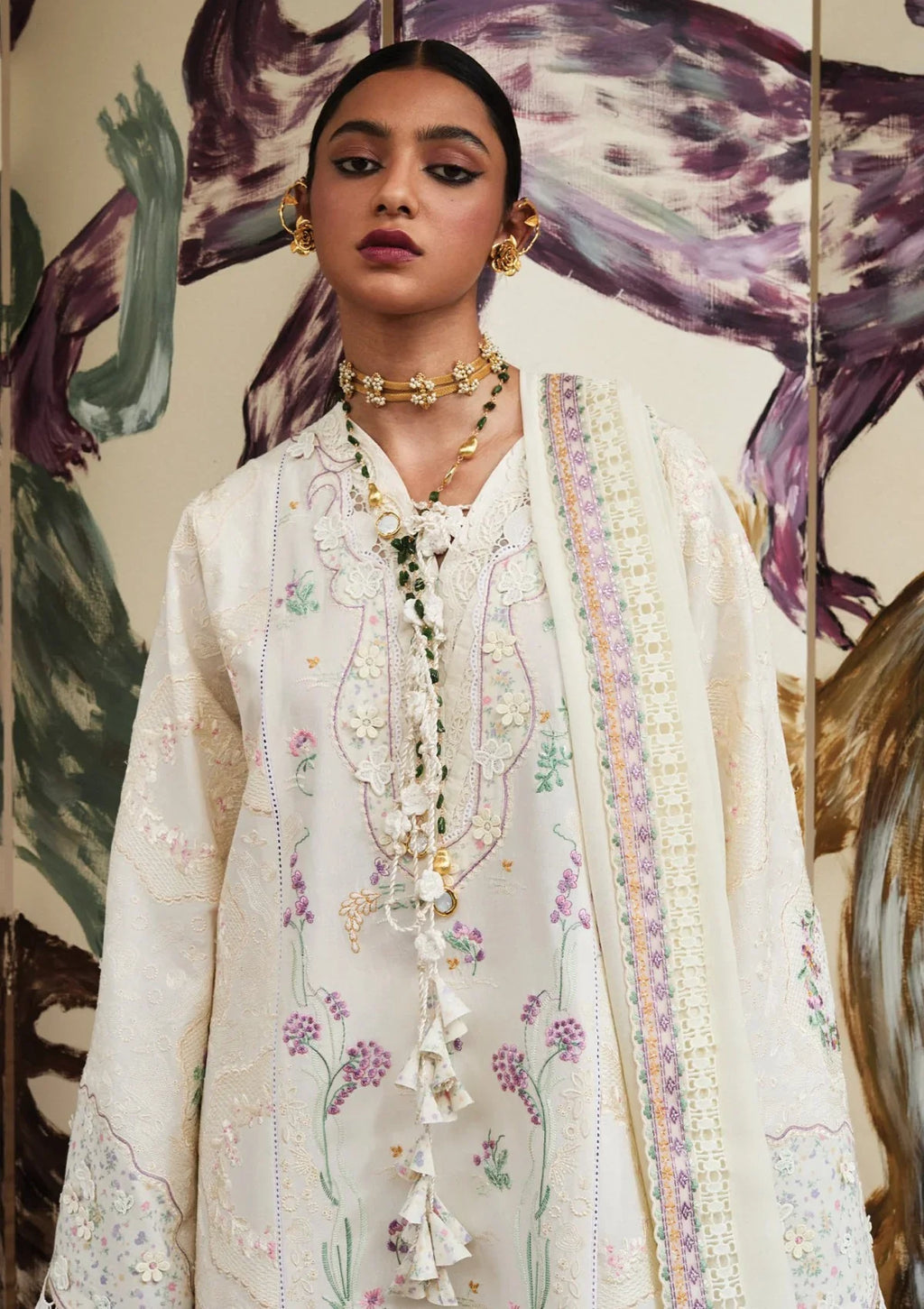 Elan Luxury Lawn Collection Design  - Heavy Embroidery Suit with Stripe Net Dupatta