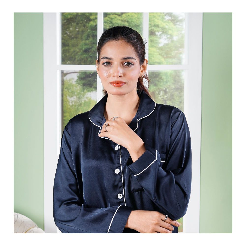 Women’s Blue Silk Pajama Set – Luxury Satin Nightwear Two-Piece Suit