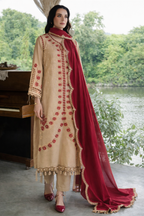 Elegant Beige Embroidered Lawn Suit with Maroon Chiffon Dupatta – Premium Pakistani Designer Collection