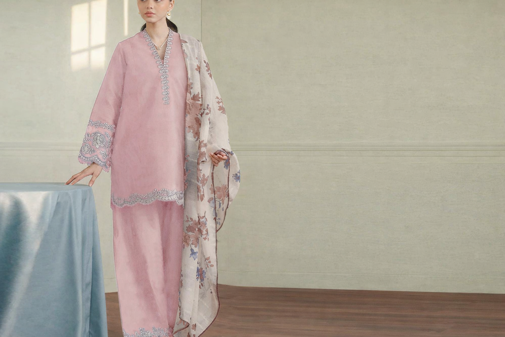 Blush Pink Embroidered Lawn Suit with Chiffon Printed Dupatta – Elegant Women’s Wear