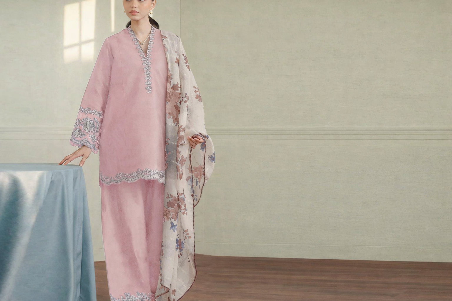 Blush Pink Embroidered Lawn Suit with Chiffon Printed Dupatta – Elegant Women’s Wear