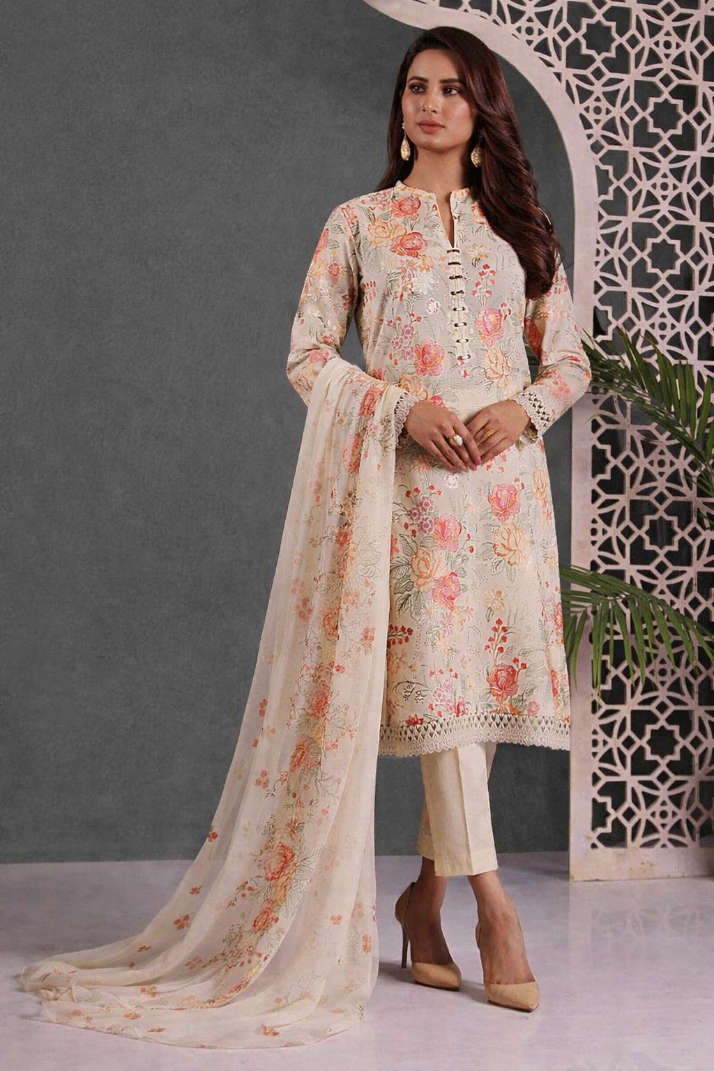 uxury Airjet Lawn Floral Suit | Heavy Embroidered Summer Dress with Chiffon Dupatta