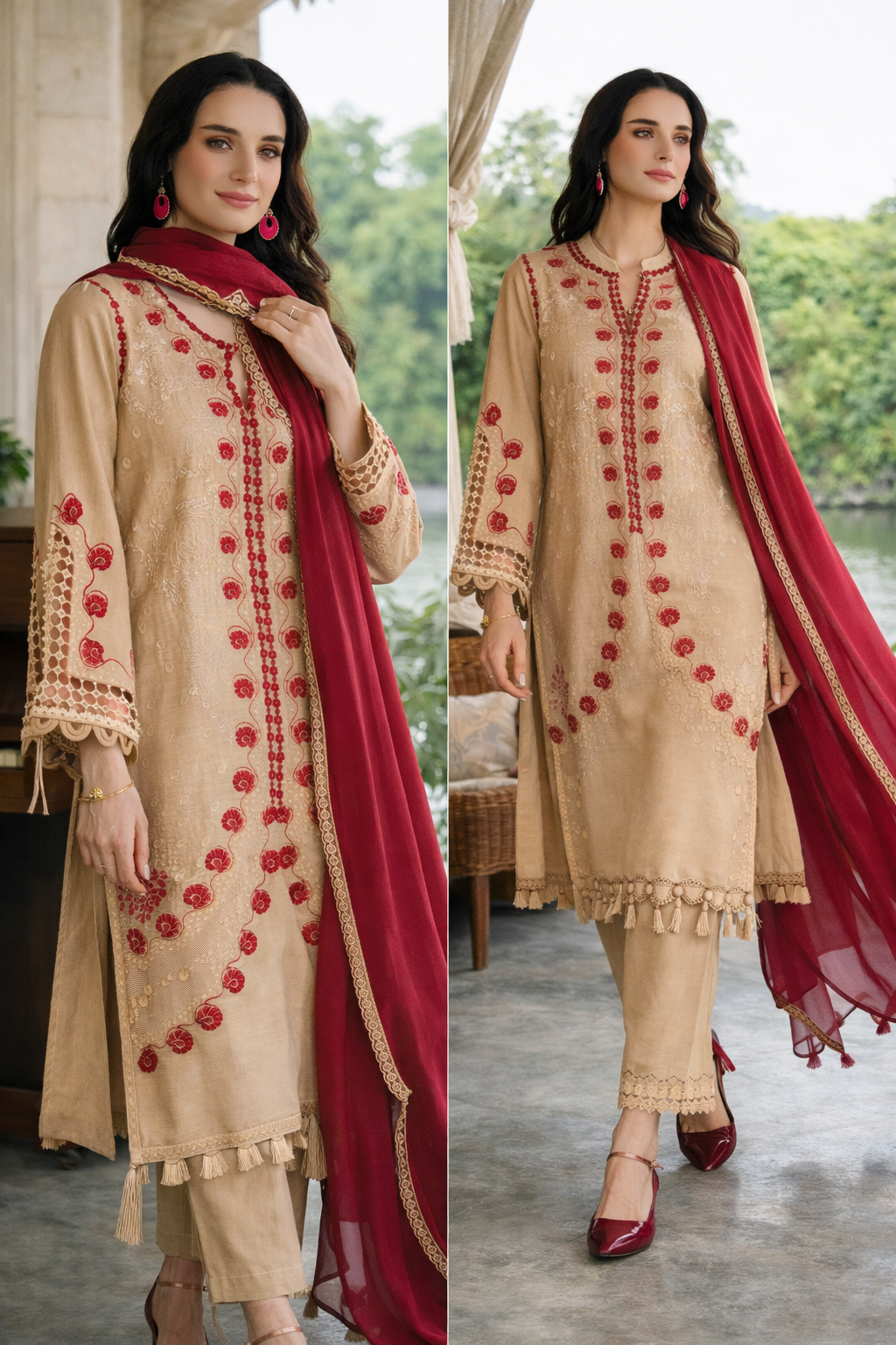 Elegant Beige Embroidered Lawn Suit with Maroon Chiffon Dupatta – Premium Pakistani Designer Collection