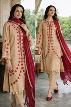 Elegant Beige Embroidered Lawn Suit with Maroon Chiffon Dupatta – Premium Pakistani Designer Collection