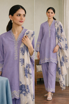 Zara Shahjahan Inspired Lavender Embroidered Lawn Suit with Chiffon Dupatta | 3 Piece Luxury Collection