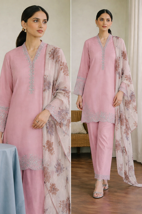 Blush Pink Embroidered Lawn Suit with Chiffon Printed Dupatta – Elegant Women’s Wear