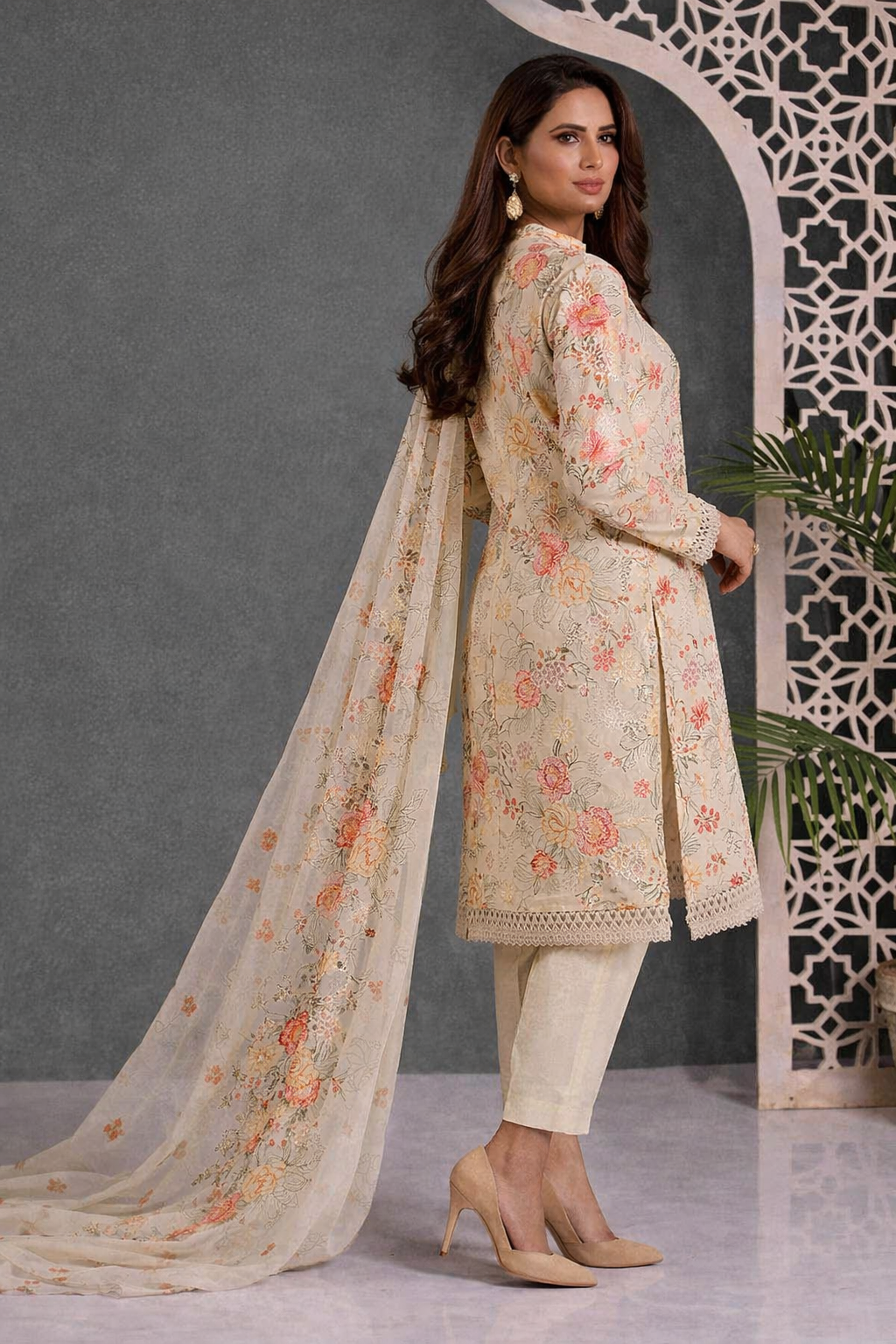 uxury Airjet Lawn Floral Suit | Heavy Embroidered Summer Dress with Chiffon Dupatta