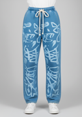 Printed Sky Blue Baggy Style Denim Jeans for women