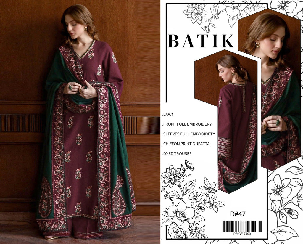 Zaib Luxury Lawn Batik 47 – Heavy Sequence Embroidered Lawn Suit with Chiffon Dupatta | Royal Boutique Pakistan