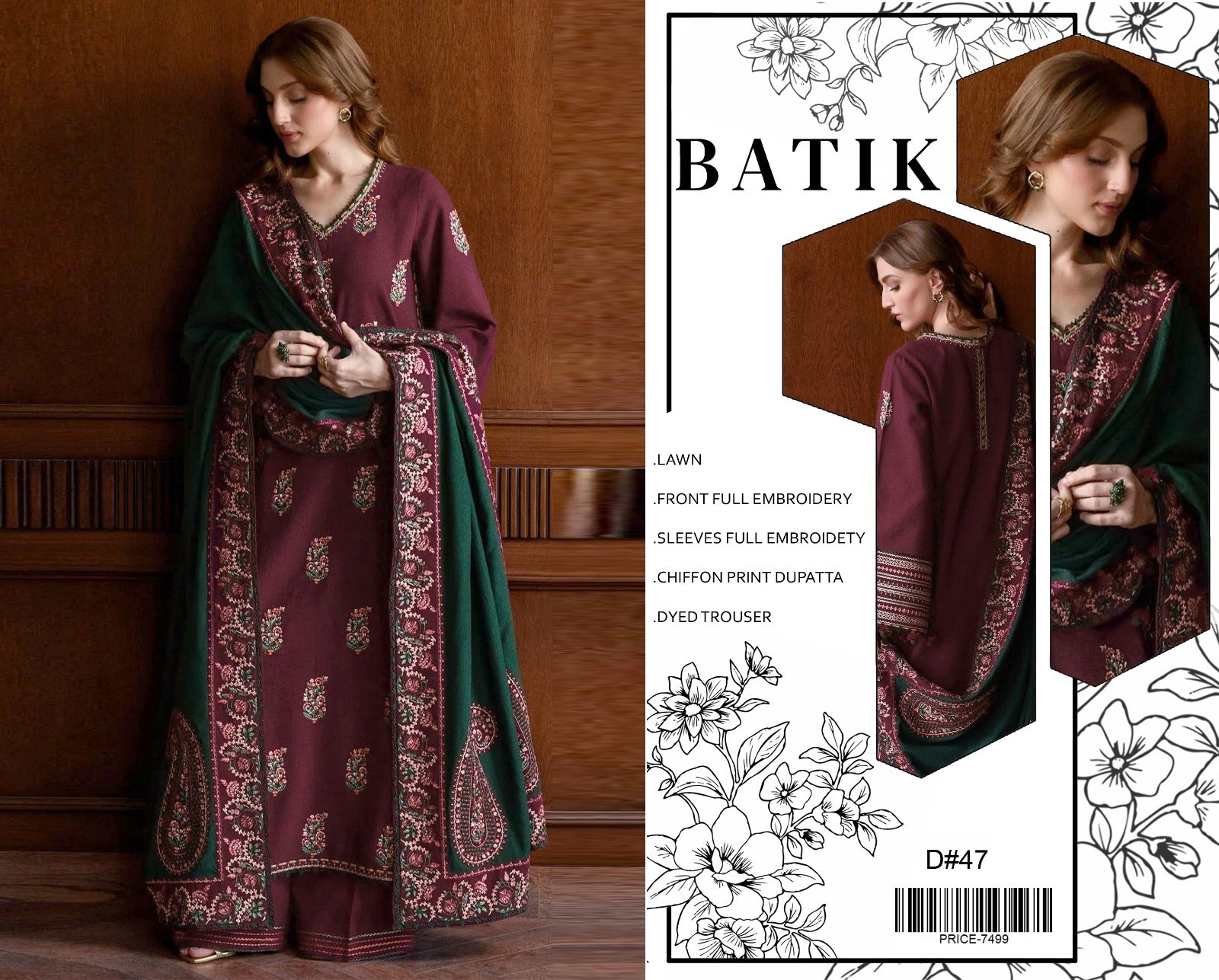 Zaib Luxury Lawn Batik 47 – Heavy Sequence Embroidered Lawn Suit with Chiffon Dupatta | Royal Boutique Pakistan