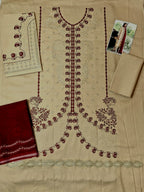 Elegant Beige Embroidered Lawn Suit with Maroon Chiffon Dupatta – Premium Pakistani Designer Collection