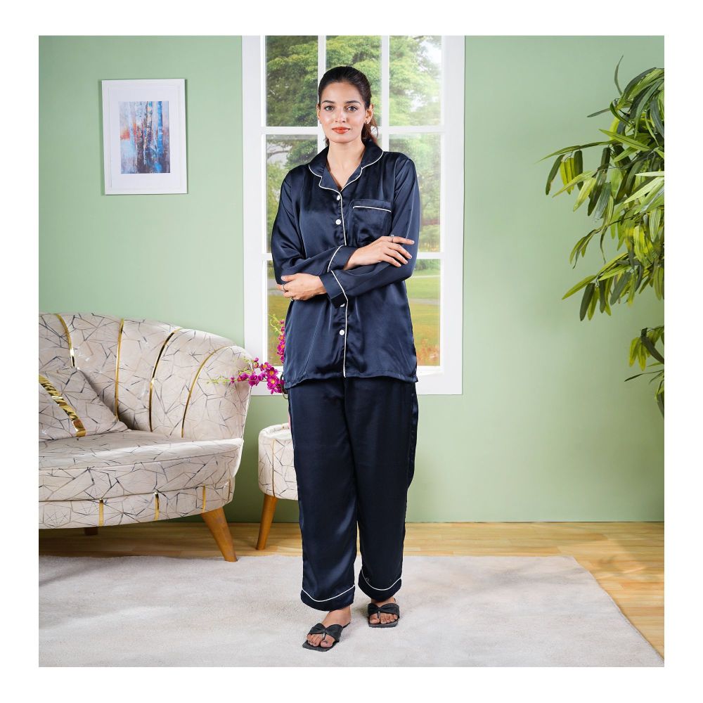 Women’s Blue Silk Pajama Set – Luxury Satin Nightwear Two-Piece Suit